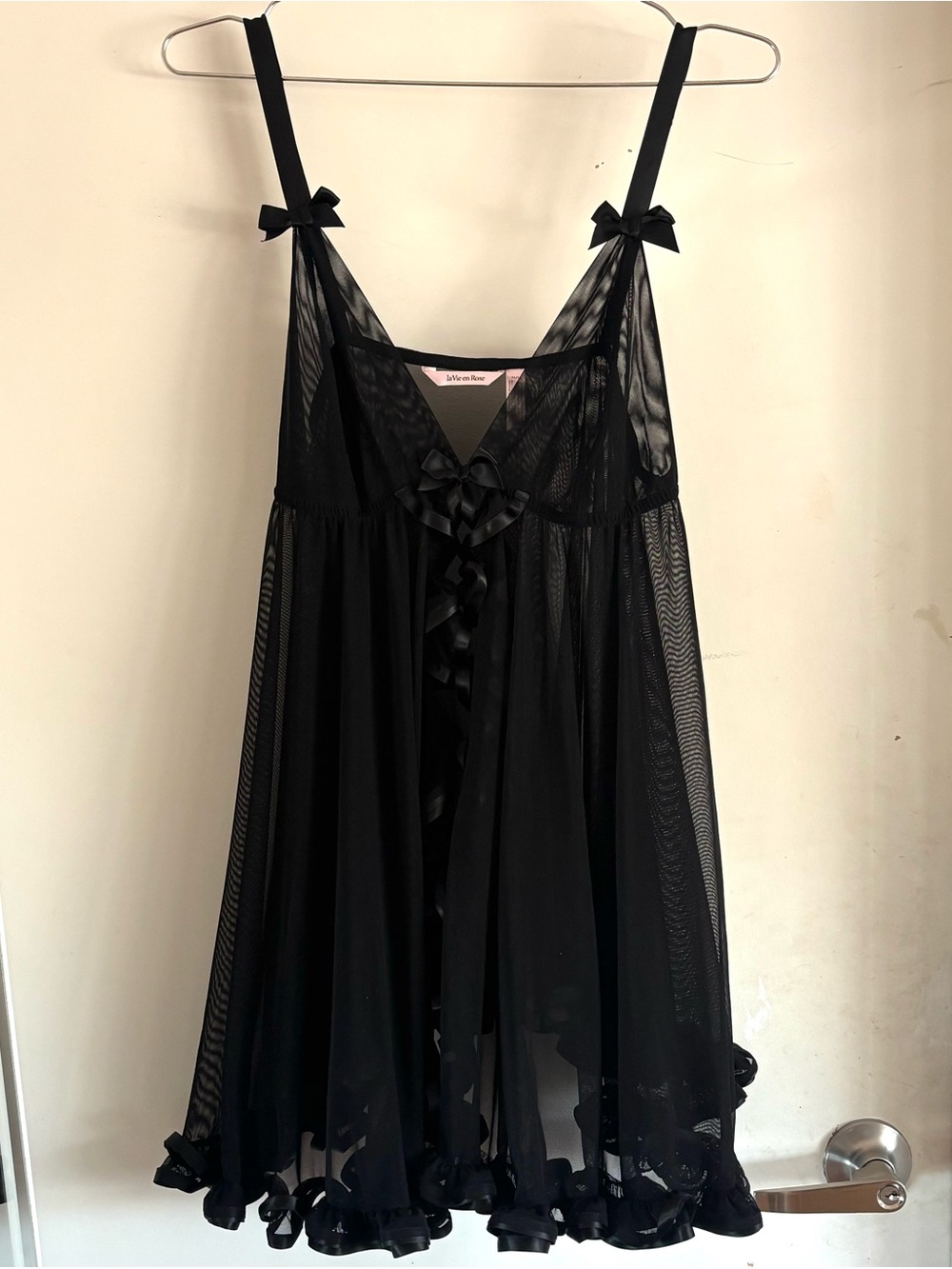 La Vie En Rose Sheer Black Babydoll Chemise with Ribbon Accents